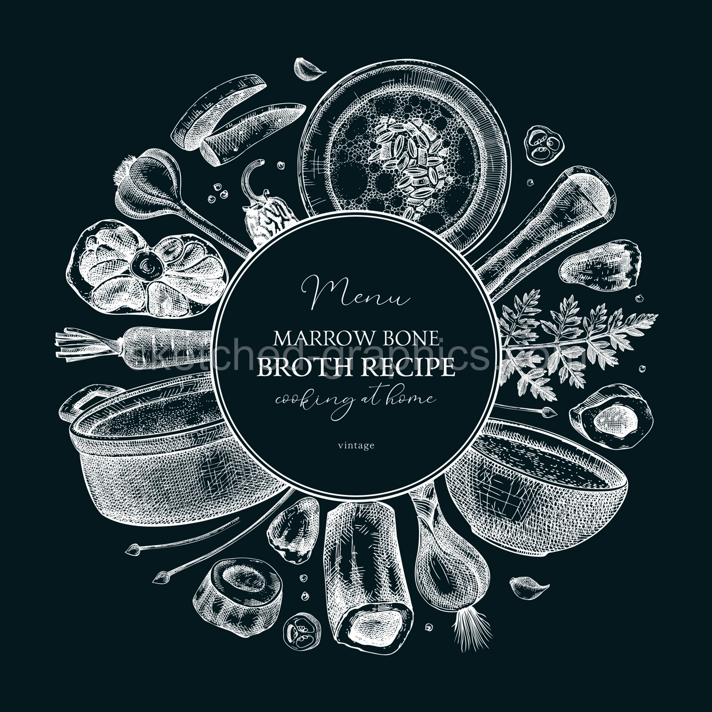 Healthy food background. Marrow bone broth wreath. Hot soup on plates, pans, bowls, organ meat, vegetables, marrow bones sketches. Hand drawn vector illustrations. Homemade food on chalkboard Illustration